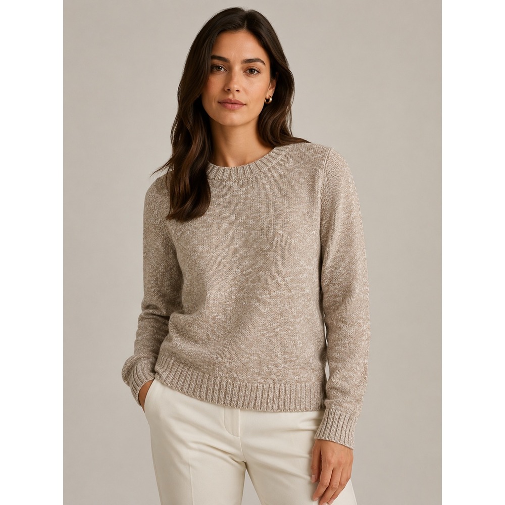 LL Bean Crewneck Sweater Women Sz Medium Tan Marled Cotton Minimalist Pullover